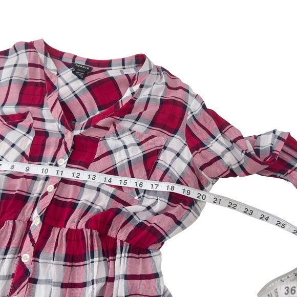 Torrid Womens Pink Baby Doll Plaid Button-Up Tunic Top Size 0 100% Rayon - Picture 6 of 11